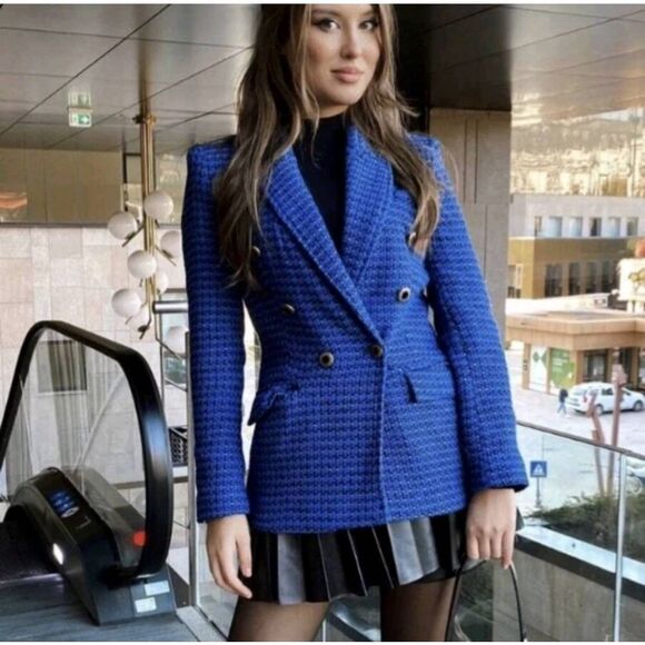 Zara Combination Faux Leather Textured Blazer Sz M Sophisticated Preppy Academia - Picture 12 of 14